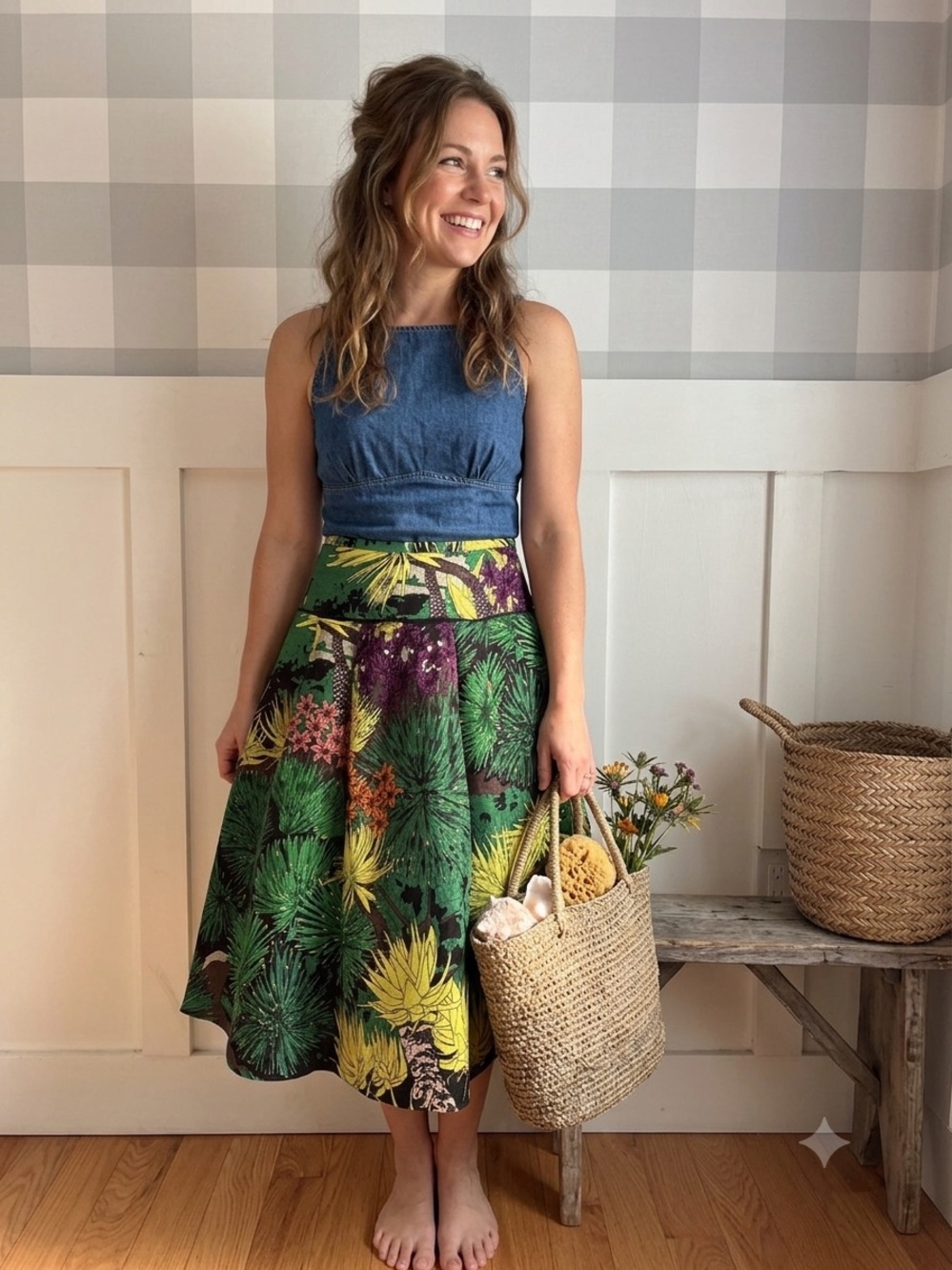 Tracy Reese Green Tropical Print A-Line Midi Skirt‎ 2